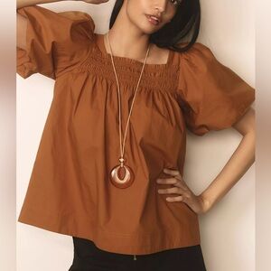 Maeve Puff-Sleeve Smocked Blouse In Brown Size M